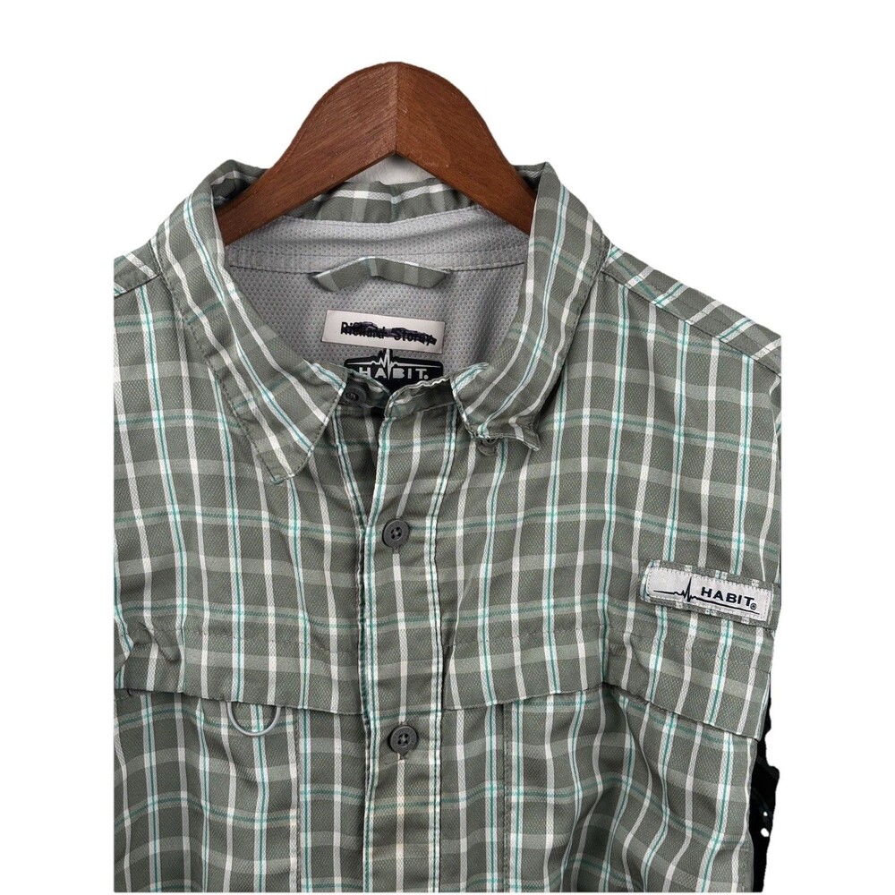 Habit Fishing Long Sleeve Vented Button Up Shirt Green Plaid Men Large polyester